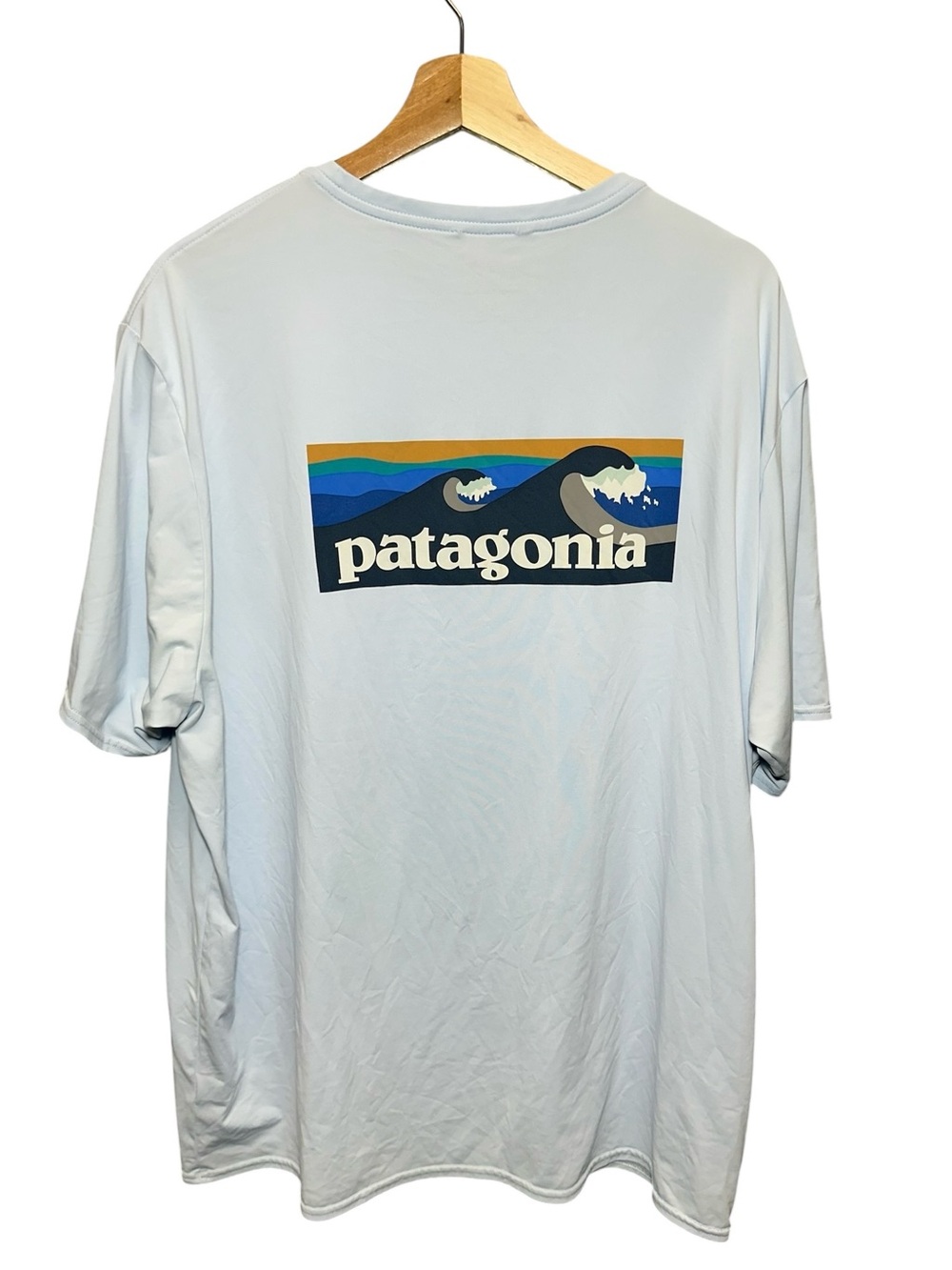 Patagonia Capilene Cool Daily Shirt Blue Ocean Wave Logo Short Sleeve 50+ XXL